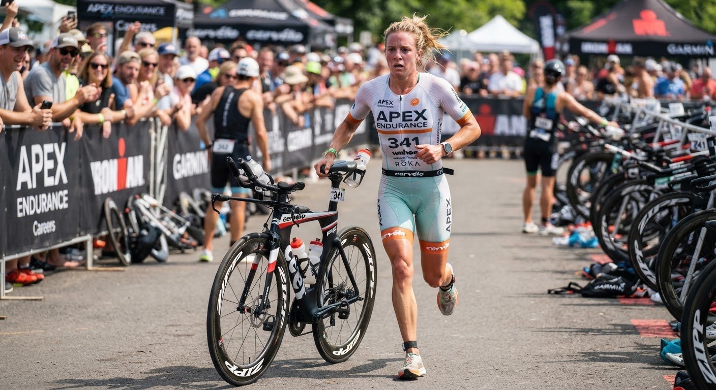 Triathlete running hard through the T2 run-out