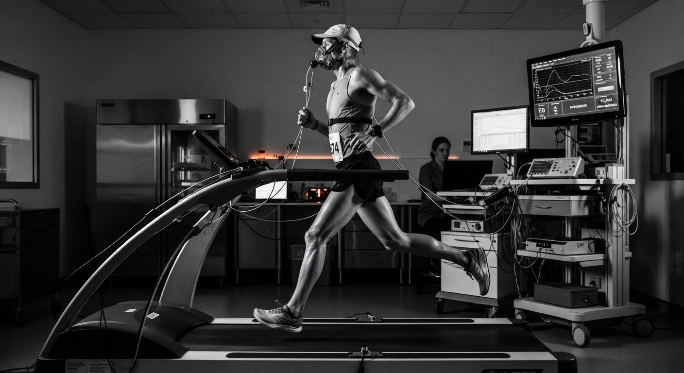 High-contrast black and white side profile of an athlete during a metabolic test